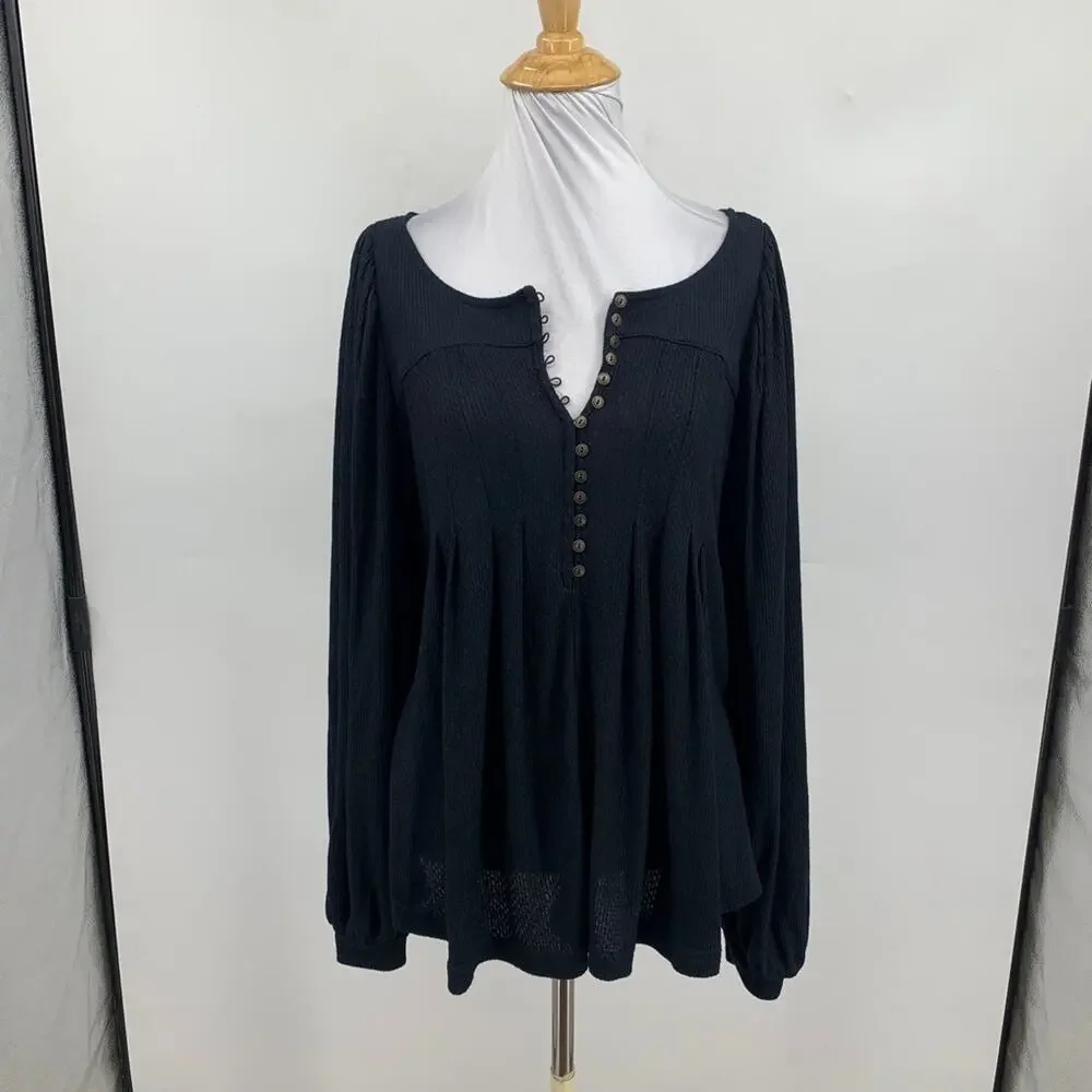 Free People Top Womens S Small Devin Ribbed Knit 1/4 Button Puff Billowy Sleeves